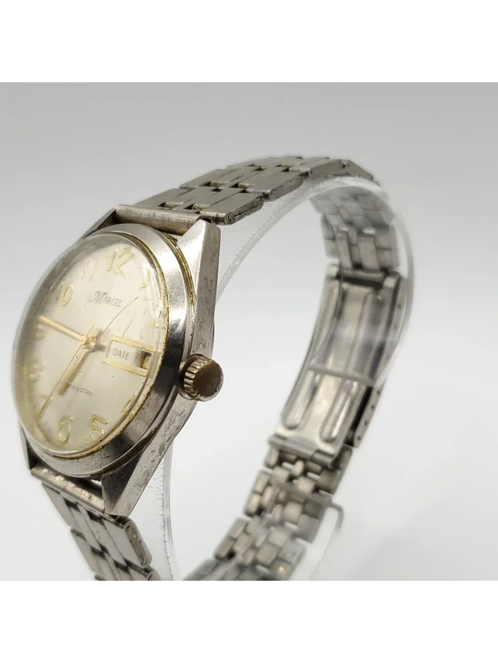 Vintage Mens Marcel Watch Running Fast Silver Tone Day/Date Dial